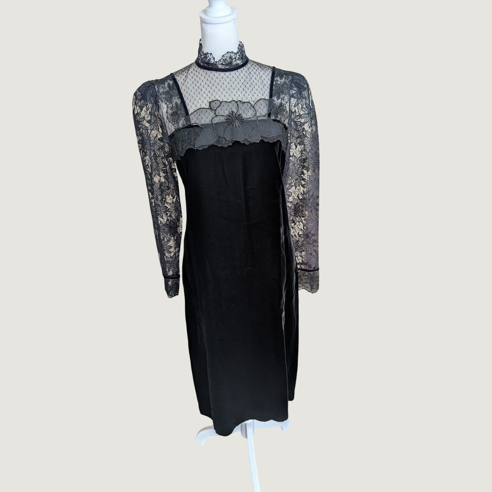 Vintage Witchy Whimsigoth Norman Berg I Magnin Black Velvet Lace Midi Dress 6